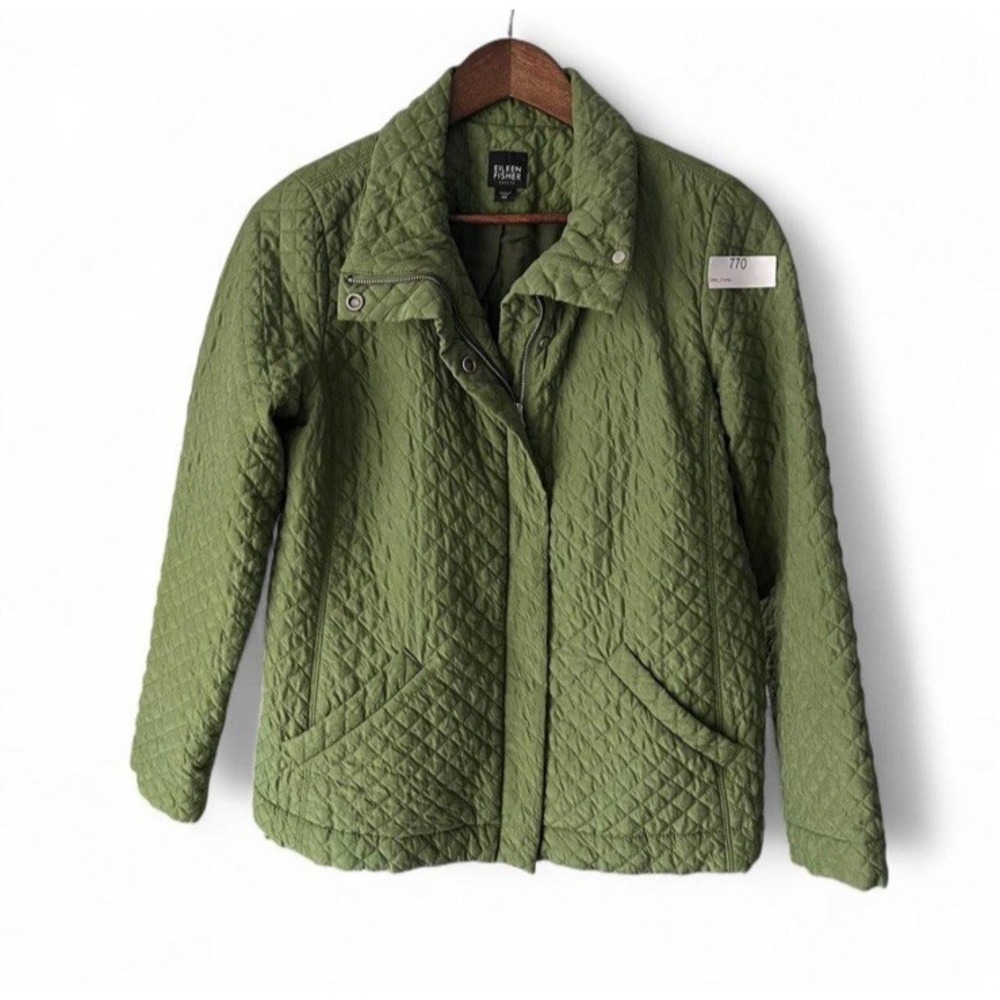 Eileen Fisher Petite PM Quilted Silk Jacket Olive Green Zip Snap Front
